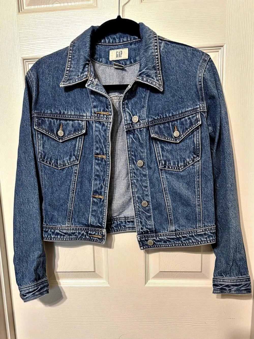 1990s Vintage Gap Blue Jeans Cropped Trucker Jacket in Size S
